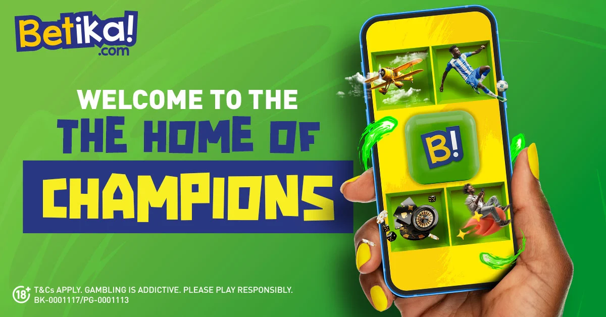 Betika welcome banner showing a hand holding a phone with the Betika app and game tiles
