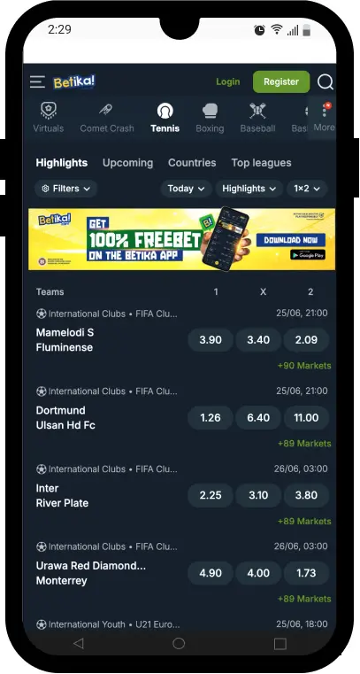 Betika sports betting screen on a phone with upcoming football matches and a free bet banner